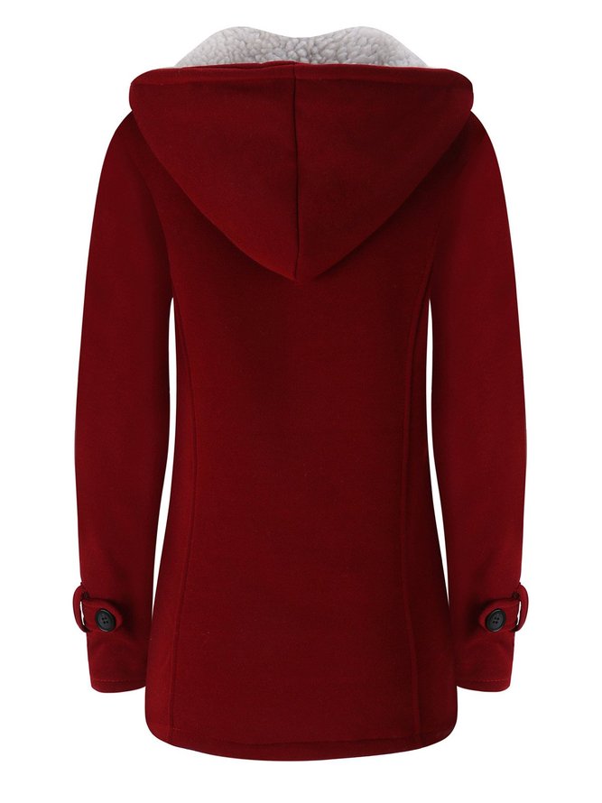 Women Horn Button Coton Fleece Hooded Duffle Coat
